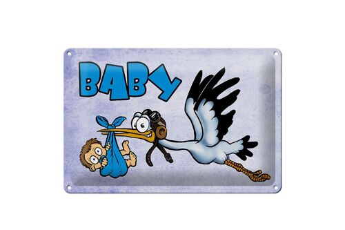 Blechschild Baby 30x20cm Storch bringt Kind in blau