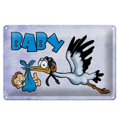 Cartel de chapa bebé 30x20cm cigüeña trae niño en azul