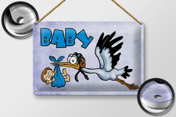 Plaque en tôle bébé 30x20cm cigogne amène un enfant en bleu 2