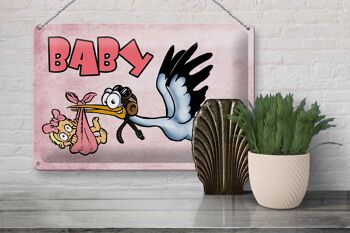 Plaque en tôle bébé 30x20cm cigogne apporte décoration murale enfant 3