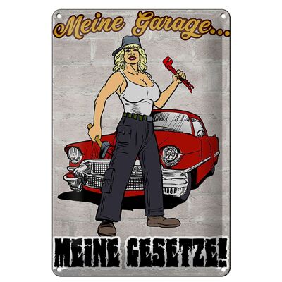 Targa in metallo Pinup 20x30 cm Il mio garage, le mie leggi