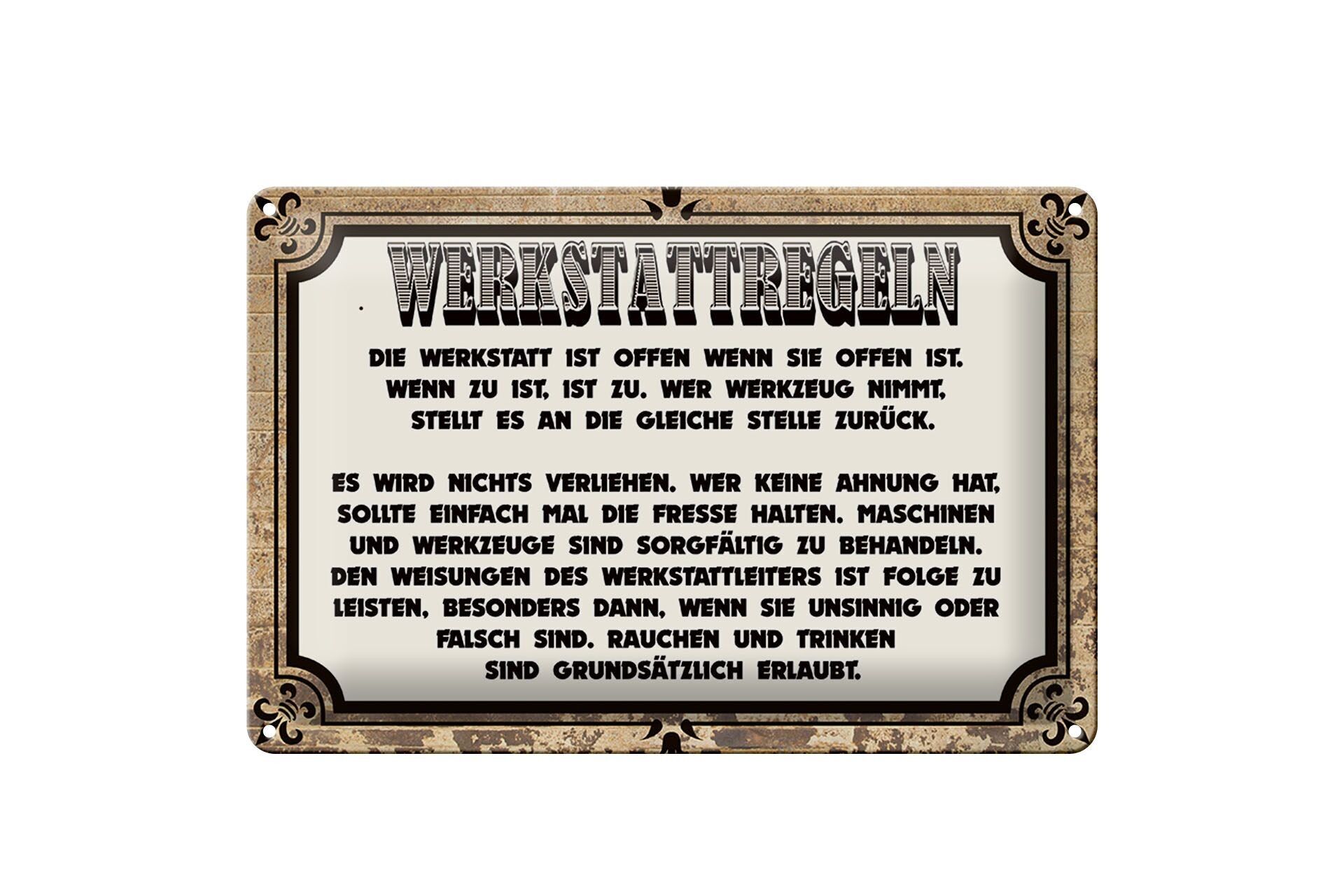 Metal sign saying 30x20cm workshop rules workshop open