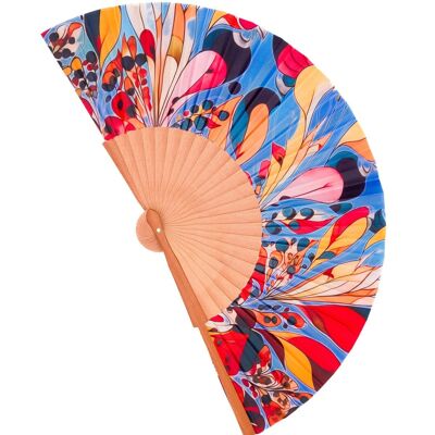 Colorful fan made of wood and artificial silk, handmade in Spain. Art Nouveau style. Perfect gift for the summer heat. Modernist 55