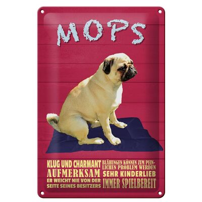 Cartel de chapa que dice perro pug 20x30 cm inteligente y encantador