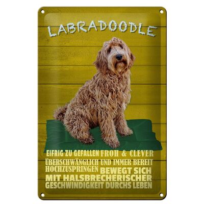 Cartel de chapa con texto "Perro Labradoodle 20x30 cm, feliz e inteligente"