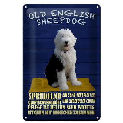 Cartel de chapa con texto "Perro pastor inglés antiguo" 20x30 cm