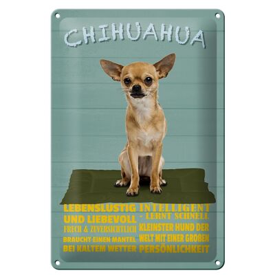 Cartel de chapa con texto "Perro chihuahua amante de la diversión" 20x30 cm