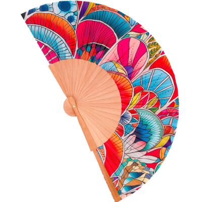Colorful fan made of wood and artificial silk, handmade in Spain. Art Nouveau style. Perfect gift for the summer heat. Modernist 56