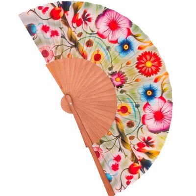 Colorful fan made of wood and artificial silk, handmade in Spain. Art Nouveau style. Perfect gift for the summer heat. Modernist 57