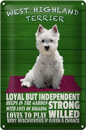 Panneau en étain indiquant un chien West Highland Terrier de 20 x 30 cm, fidèle mais indépendant 1