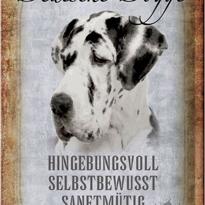 Cartel de chapa con texto "Perro gran danés" 20x30 cm.