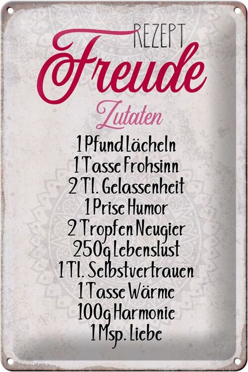 Blechschild Spruch 20x30cm Rezept Freude Zutaten