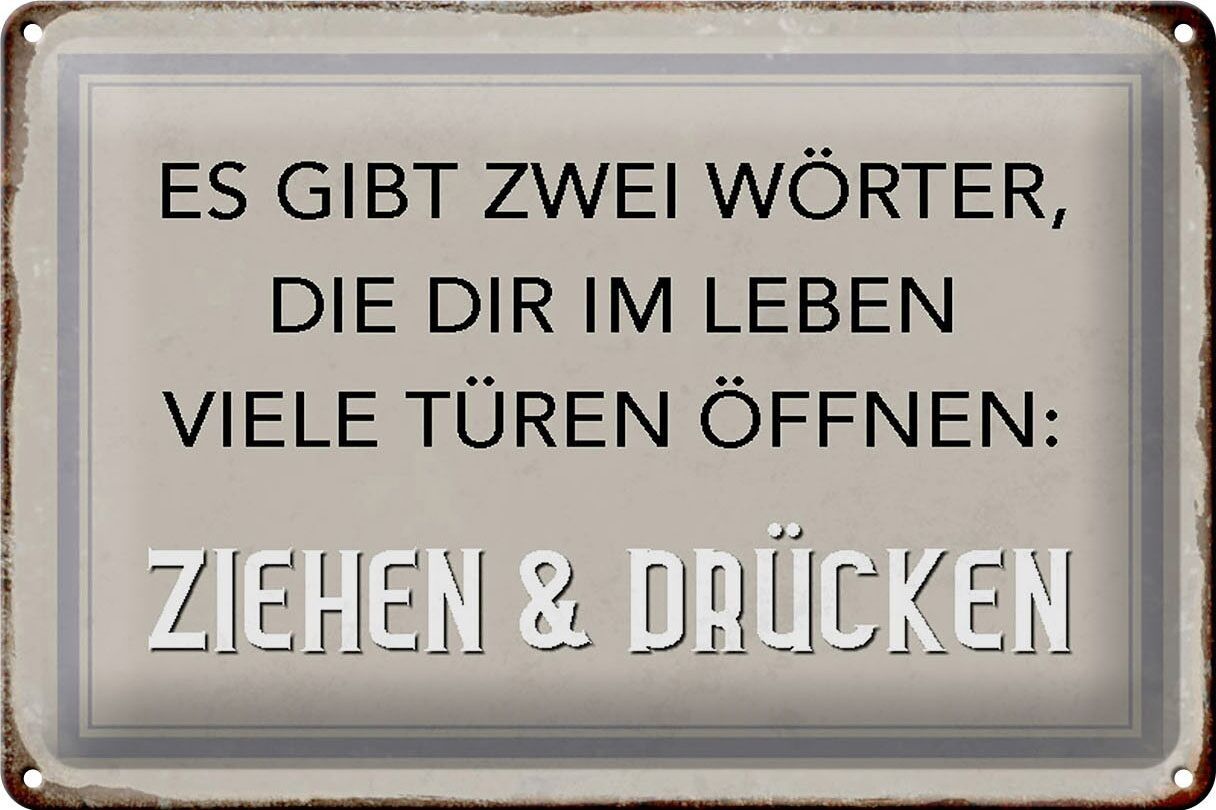 Targa in metallo con scritta 30x20 cm con due parole "tirare spingere".