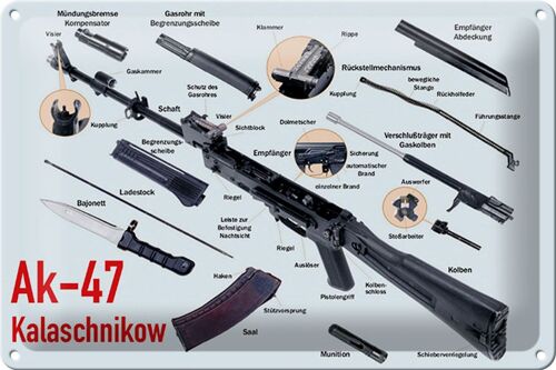 Blechschild Gewehr 30x20cm AK-47 Kalaschnikow Einzelteile