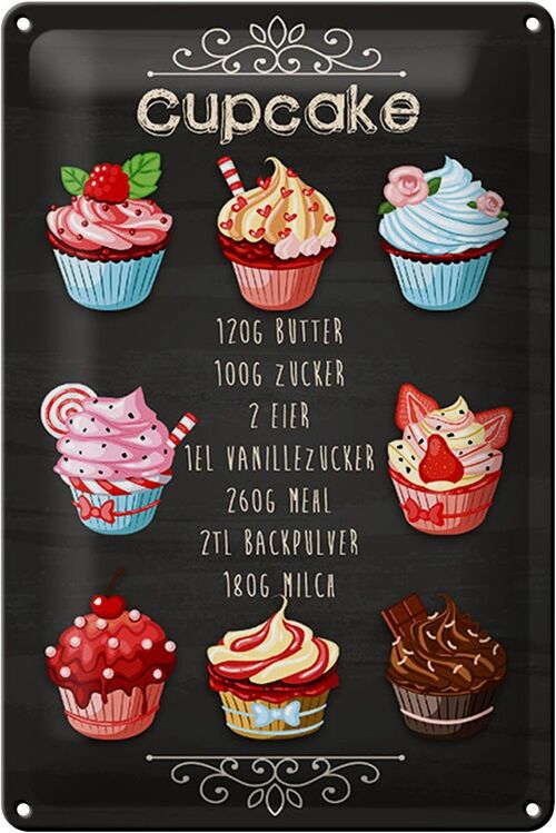 Blechschild Rezept 20x30cm Cupcake 120G Butter Zucker