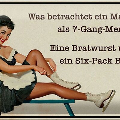 Blechschild Spruch 30x20cm 7-Gang-Menü Mann Wurst Bier