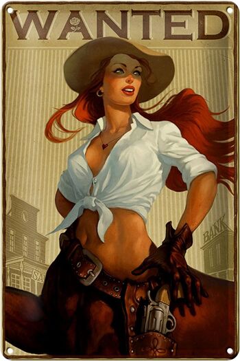 Plaque en tôle Pinup 20x30cm wanted Cowgirl décoration murale 1