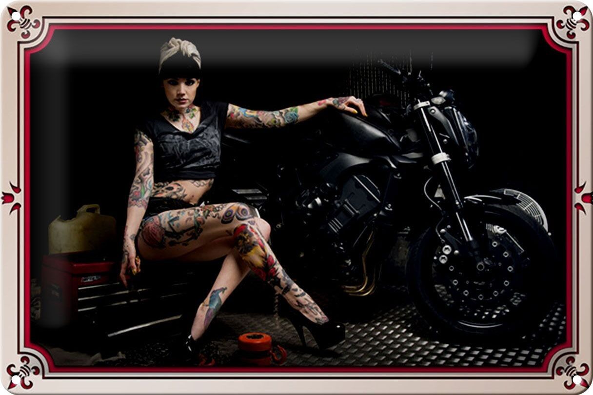 Cartel de chapa Moto 30x20cm Bicicleta Chica Pinup Mujer Tatuaje