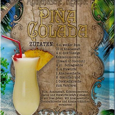 Tin sign recipe 20x30cm Pina Colada ingredients rum pineapple