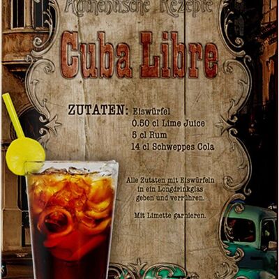 Cartel de chapa receta 20x30cm Cuba Libre ingredientes cubitos de hielo