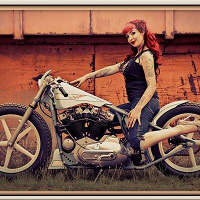 Cartel de chapa Moto 30x20cm Biker Girl Woman Pin up