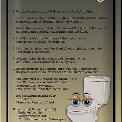 Blechschild Spruch 20x30cm Kloordnung Toilette WC Regeln