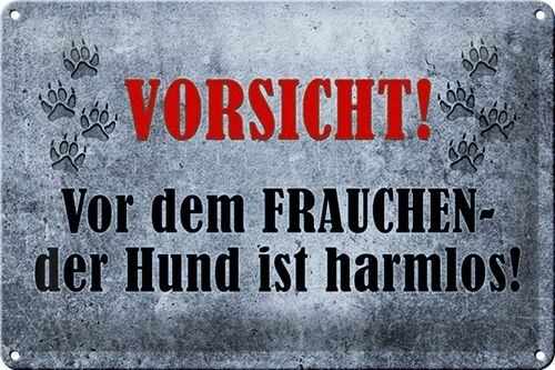 Blechschild Vorsicht 30x20cm vor dem Frauchen Hund harmlos