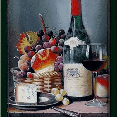 Cartel de chapa artístico, 20x30cm, naturaleza muerta, vino tinto, queso, fruta