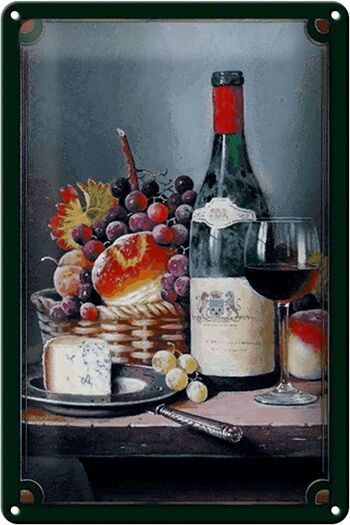 Signe en étain artistique 20x30cm, nature morte, vin rouge, fromage, fruits 1