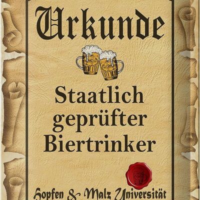 Blechschild Bier 20x30cm Urkunde geprüfter Biertrinker