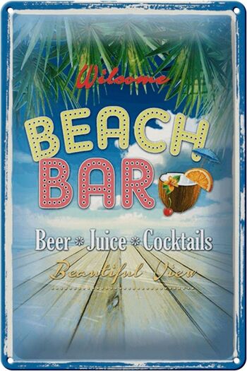 Panneau en étain indiquant 20x30cm, Wilcome Beach Bar Beer Juice 1