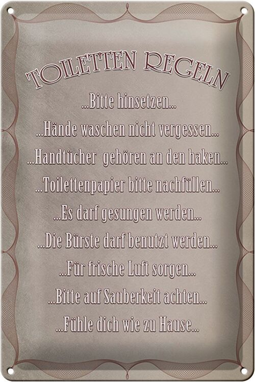 Blechschild Spruch 20x30cm Toiletten Regeln bitte hinsetzen