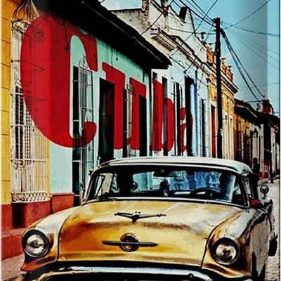 Cartel de chapa que dice 20x30 cm Cuba viejo coche amarillo coche antiguo en un callejón colorido