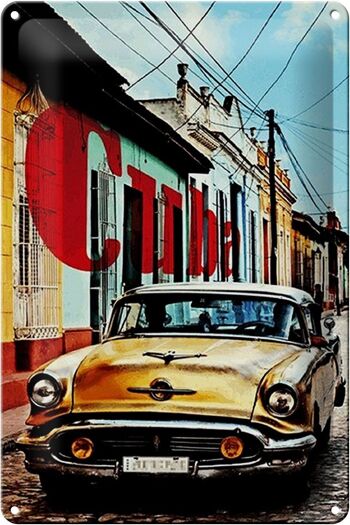 Panneau en étain indiquant 20x30cm Cuba vieille voiture jaune voiture vintage dans une ruelle colorée 1