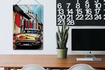 Panneau en étain indiquant 20x30cm Cuba vieille voiture jaune voiture vintage dans une ruelle colorée 3