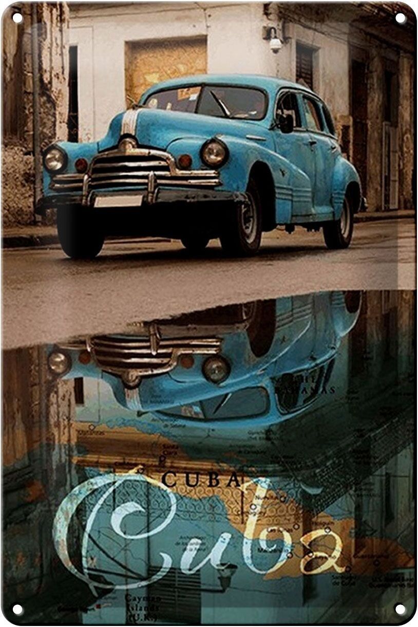 Targa in metallo con scritta 20x30 cm Cuba car blu riflesso auto d'epoca
