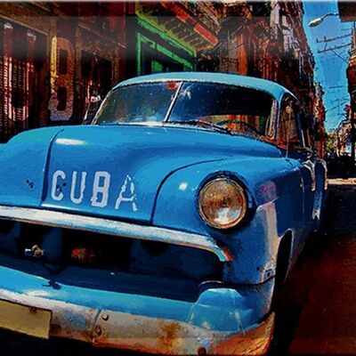 Plaque en tôle 30x20cm Cuba voiture dans une ruelle en voiture vintage bleu Havane