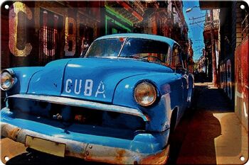 Plaque en tôle 30x20cm Cuba voiture dans une ruelle en voiture vintage bleu Havane 1