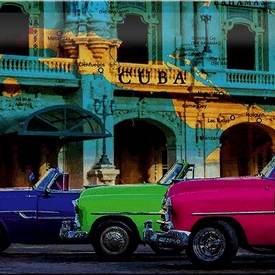 Cartel de chapa que dice 30x20cm Cuba mapa 3 coches vintage