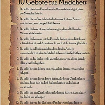 Blechschild Spruch 20x30cm 10 Gebote für Mädchen du sollst