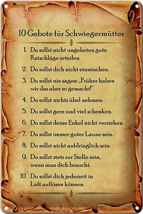 Blechschild Spruch 20x30cm 10 Gebote für Schwiegermütter