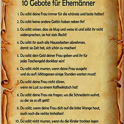 Blechschild Spruch 20x30cm 10 Gebote für Ehemänner