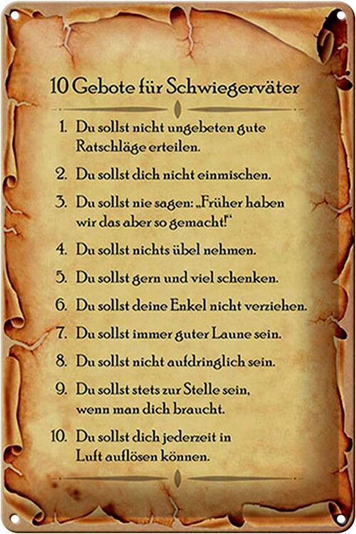 Blechschild Spruch 20x30cm 10 Gebote für Schwiegerväter