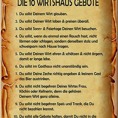 Blechschild Spruch 20x30cm die 10 Wirtshaus Gebote