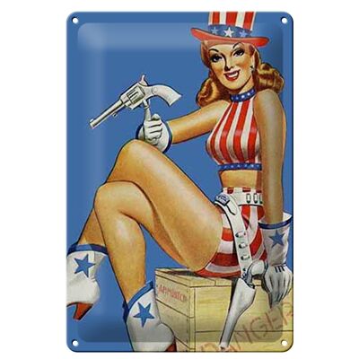 Cartel de chapa Pin Up 20x30cm peligro Cowgirl USA pistola