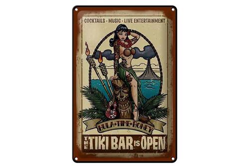 Blechschild Pin Up 20x30cm TIKI Bar is Open Cocktail Music