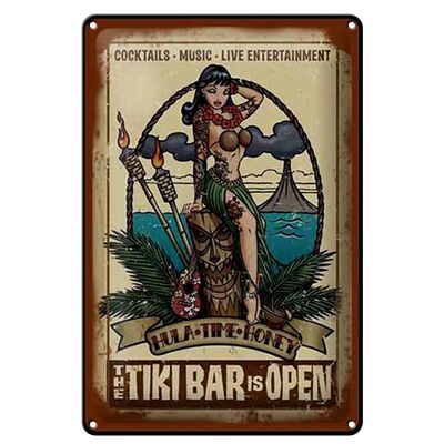 Blechschild Pin Up 20x30cm TIKI Bar is Open Cocktail Music