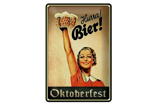 Blechschild Spruch 20x30cm Oktoberfest Hurra Frau mit Bier