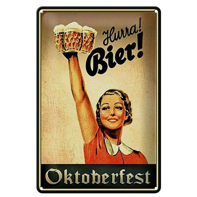 Blechschild Spruch 20x30cm Oktoberfest Hurra Frau mit Bier