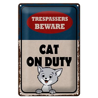 Letrero de chapa que dice 20x30cm Intrusos, cuidado con el gato de servicio.